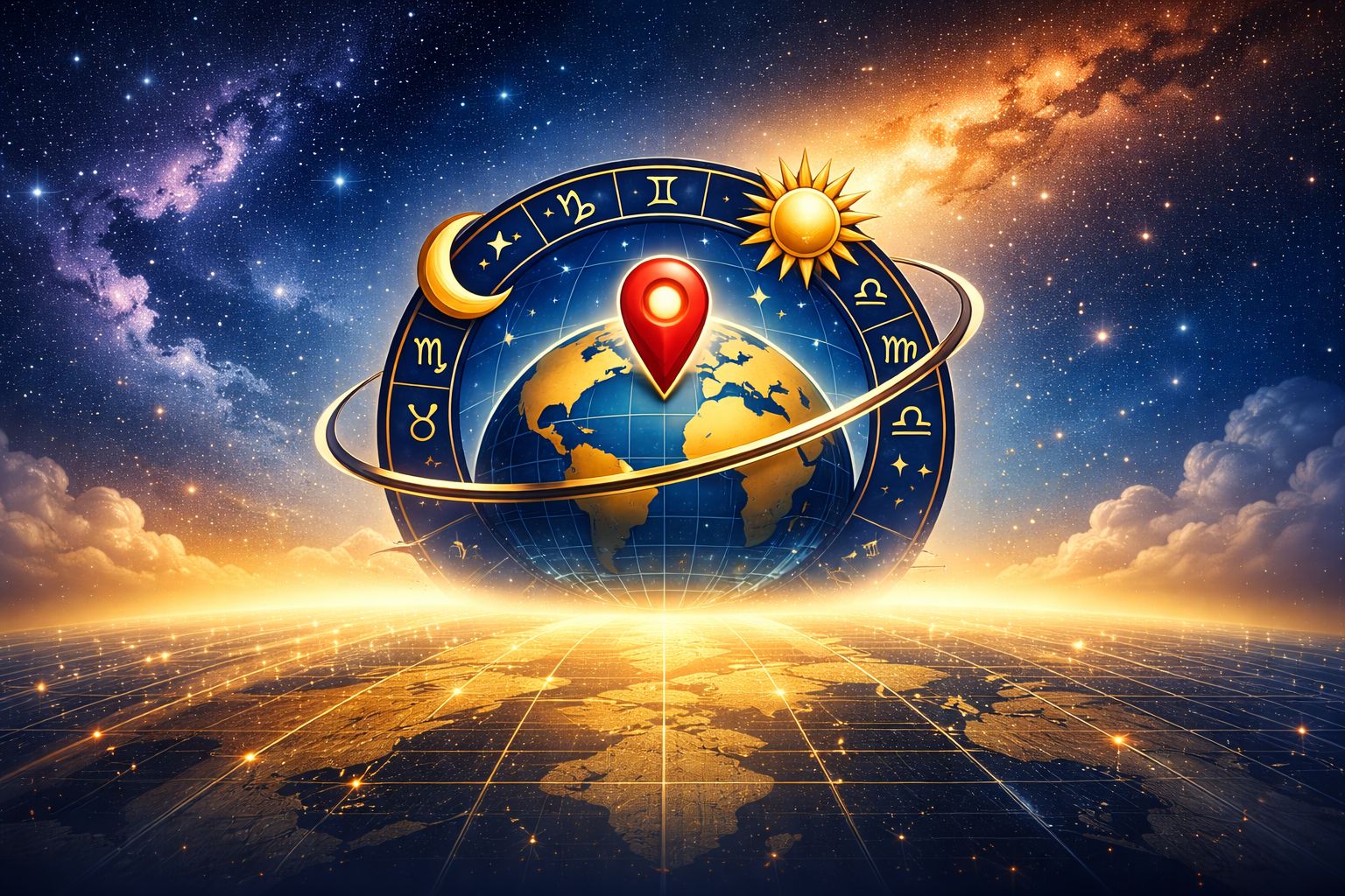 World map showing planetary lines and astrological influences across different geographical locations